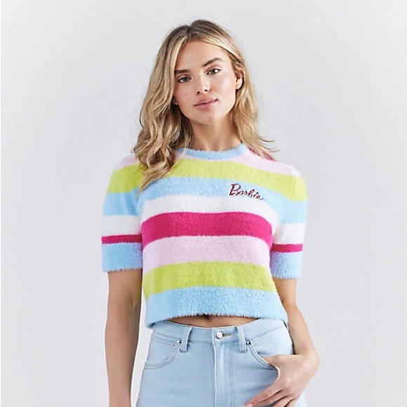 NWT - Wrangler® x Barbie™ Cropped Fuzzy Rainbow Sweater - Picture 1 of 6